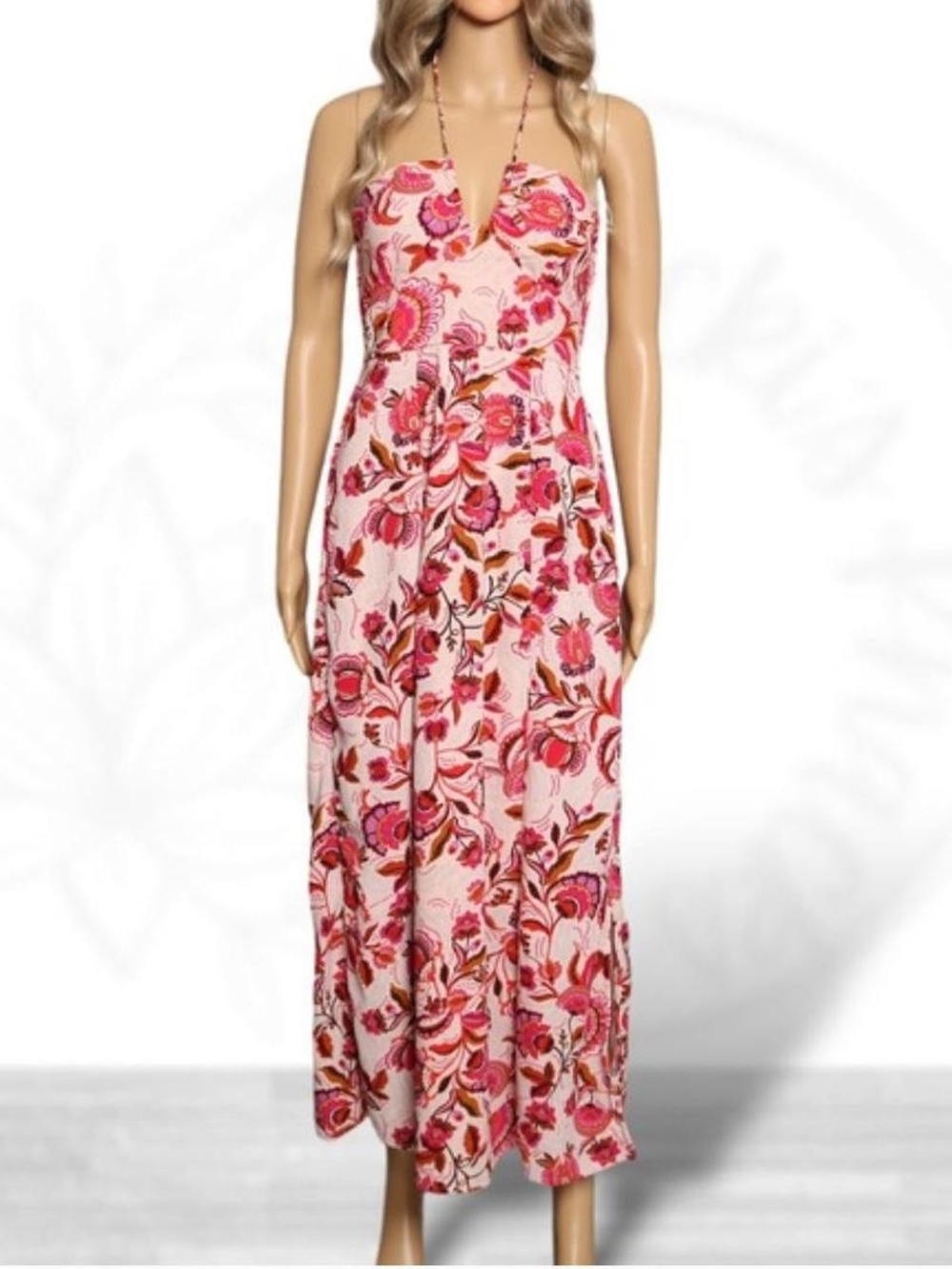 Sincerly Jules Pink Floral Strapless/Thin Halter Strap Maxi with V-Notch (New)